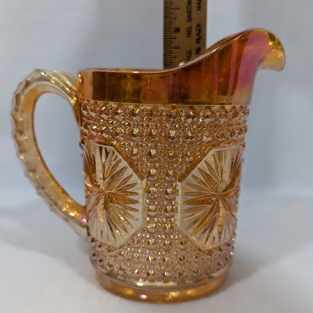 Imperial Glass Star Medallion Marigold Carnival Glass Pitcher Vintage 20 ounces - Picture 8 of 8